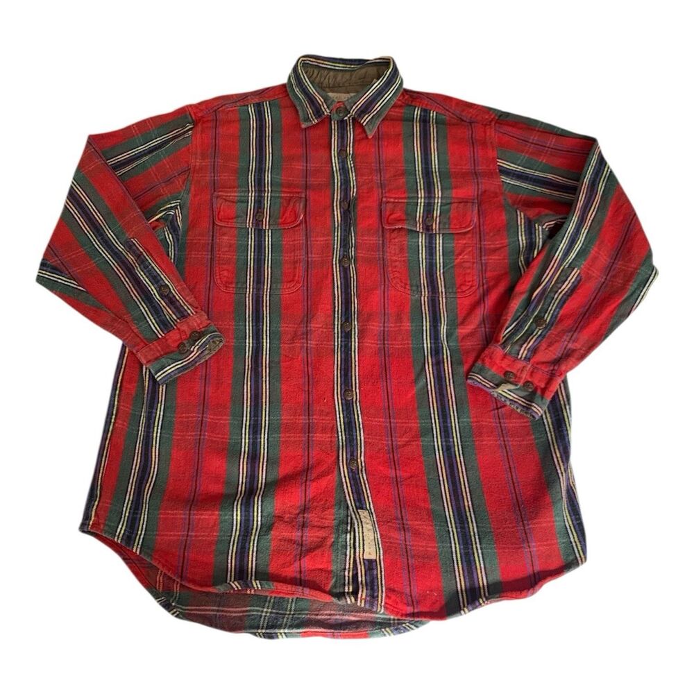 East Island Flannel Shirt Men M Red Green Striped Vintage Heritage 90s Holiday